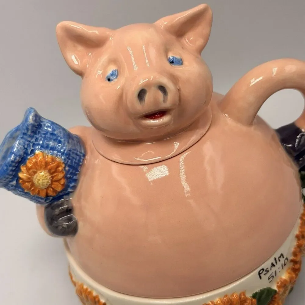 Vintage Ceramic Stacking Pig Teapot Mug Set Sunflower Psalm 51:10 Signed 1999